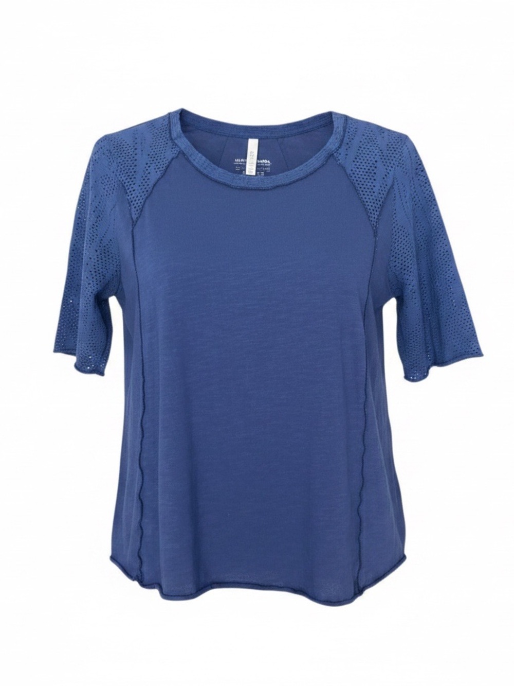 Neon Buddha Short Sleeve Top Women PM Laser Cut Raw Edge Blue